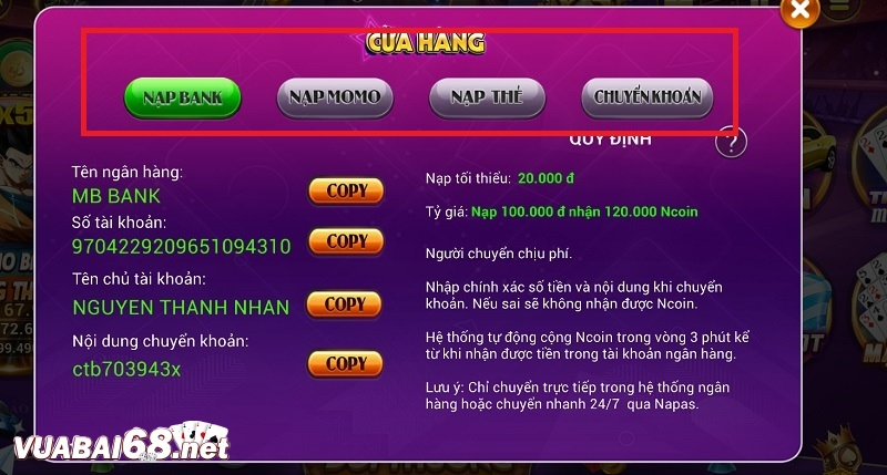 Cung cấp nhiều cách thức nạp tiền nhanh và chuẩn xác