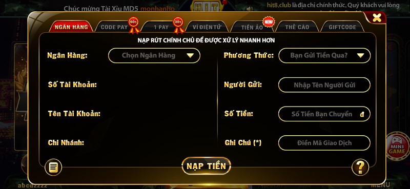 Sử dụng tài khoản ngân hàng cá nhân nạp tiền vào cổng game Hit Club