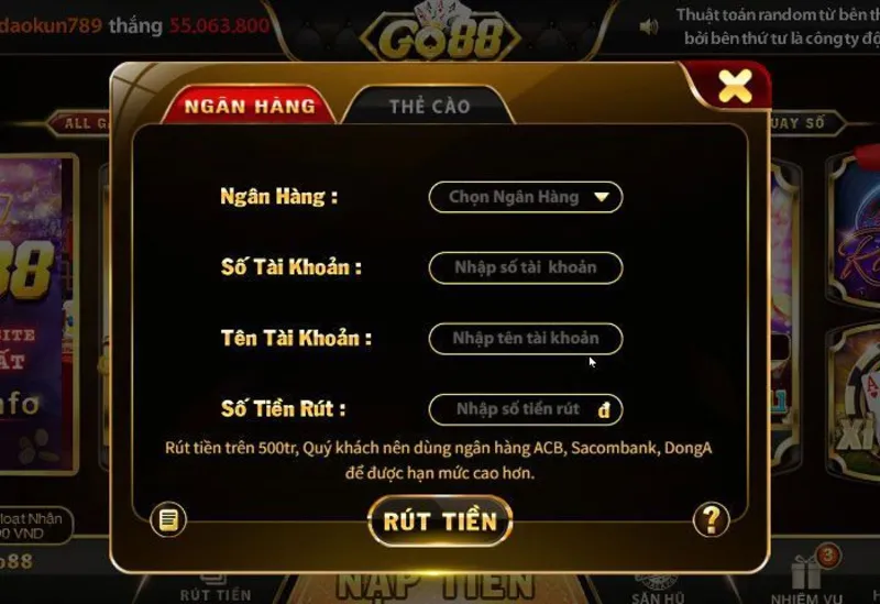 Rút tiền tại Go88 Tài Xỉu